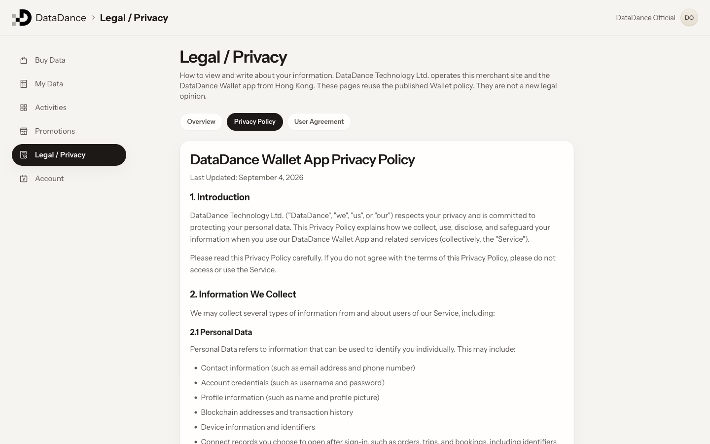 Legal panel with Privacy and Agreement tabs