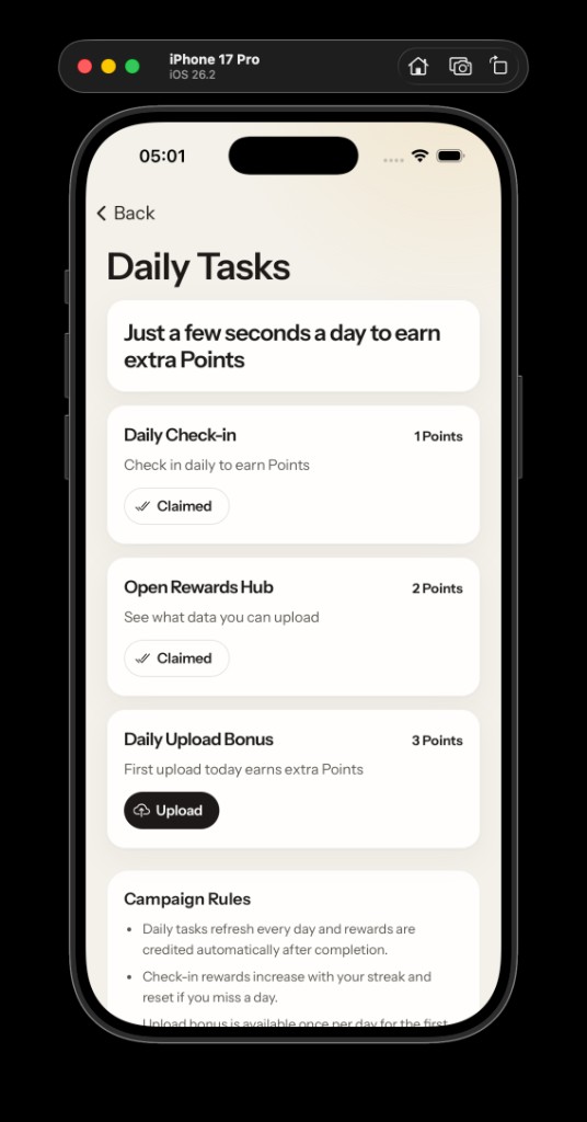 Daily Tasks check-in and upload bonus