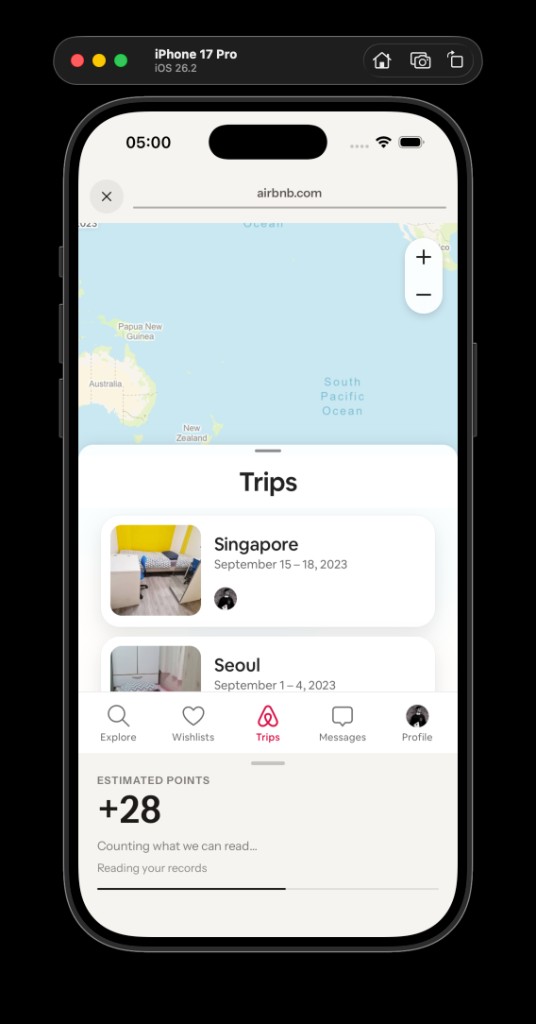 Airbnb trips being read with estimated points