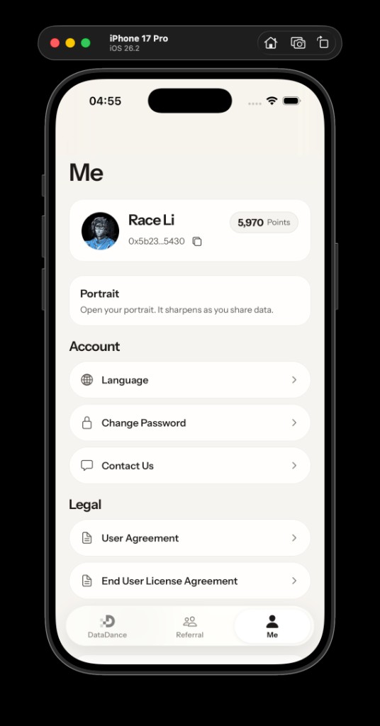 Me page with profile, Portrait, and account rows