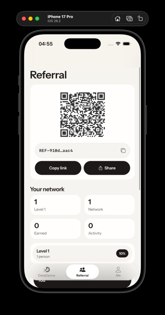 Referral page with QR code and share actions